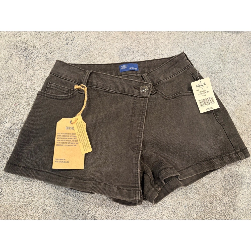 Project Indigo Black Denim Skort Size 5 NWT Stretch Jean Mini Skirt Shorts